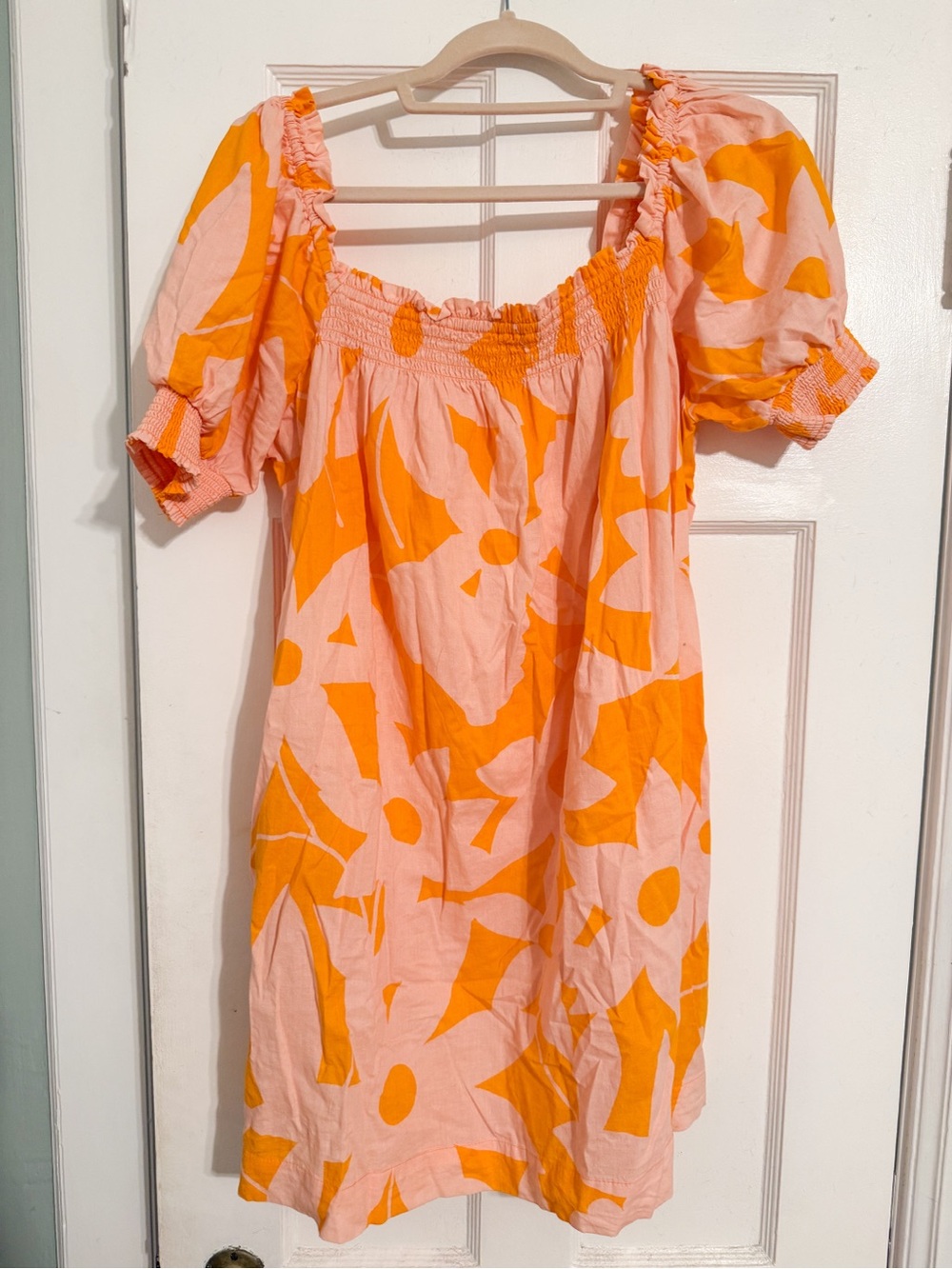 Free People Pink and Orange Puff-Sleeve Off-The-Shoulder Mini Dress